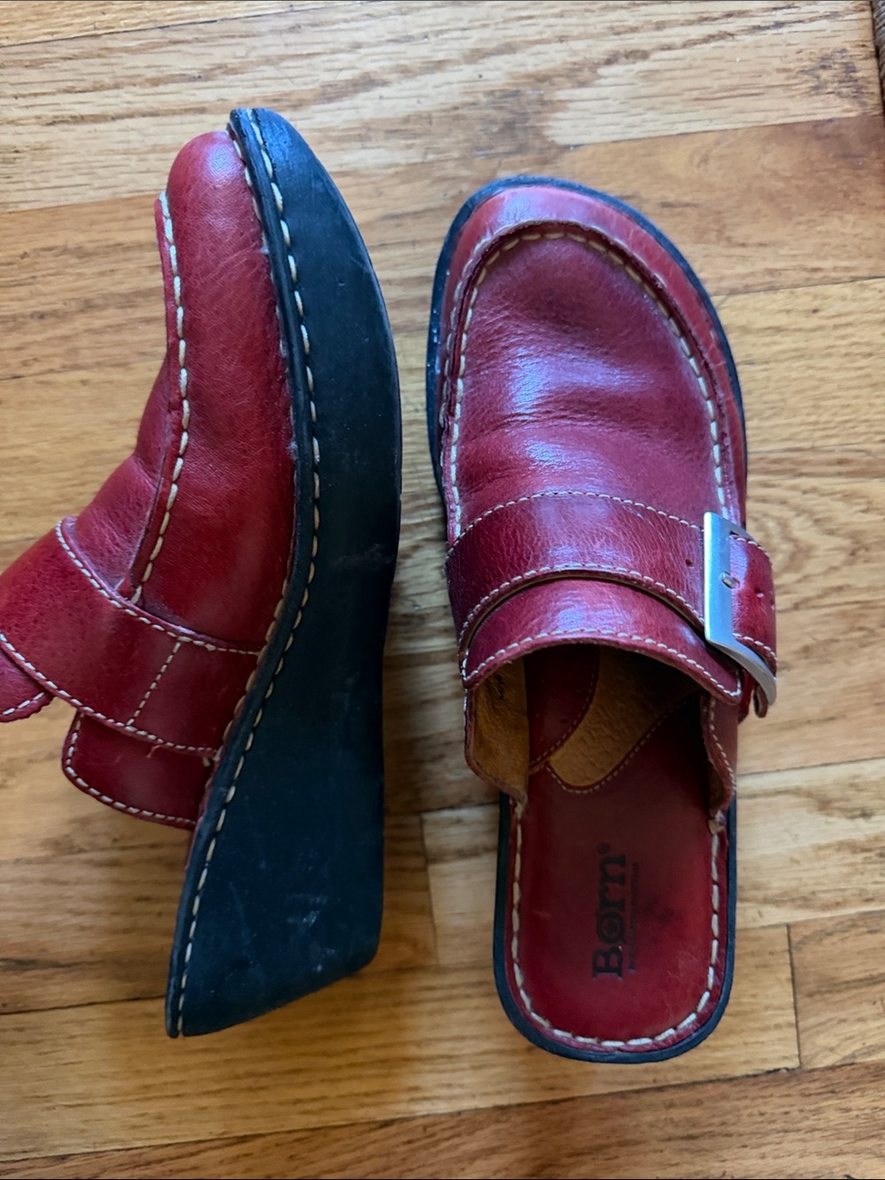 Born women’s Red Leather Slip-On Clogs with Black Sole and Buckle